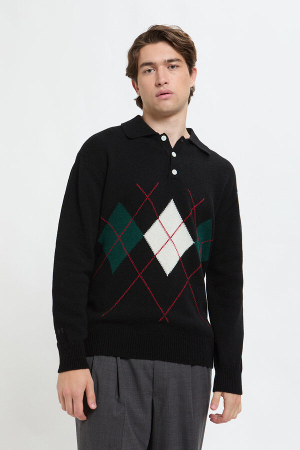 Polo in maglia con colletto e motivo a losanghe