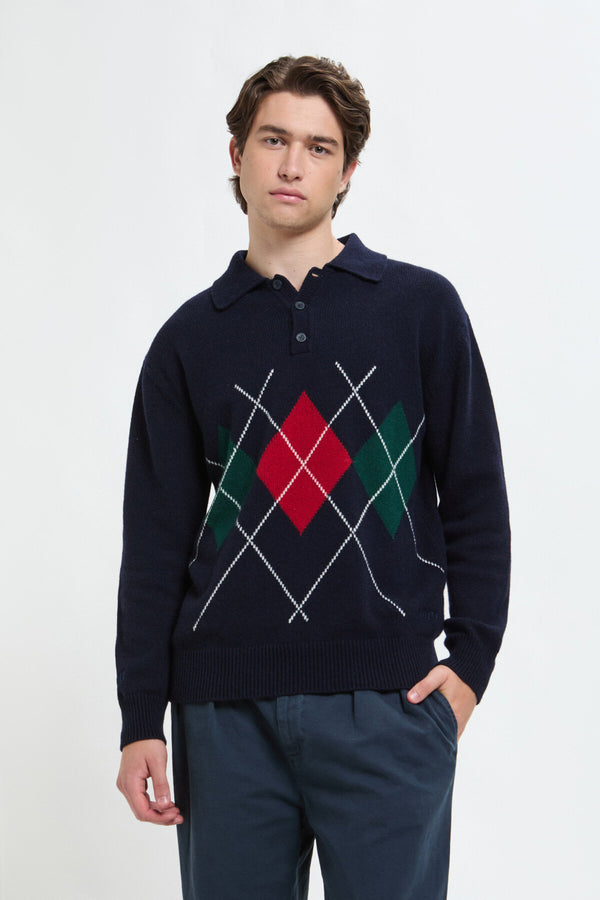 Polo in maglia con colletto e motivo a losanghe